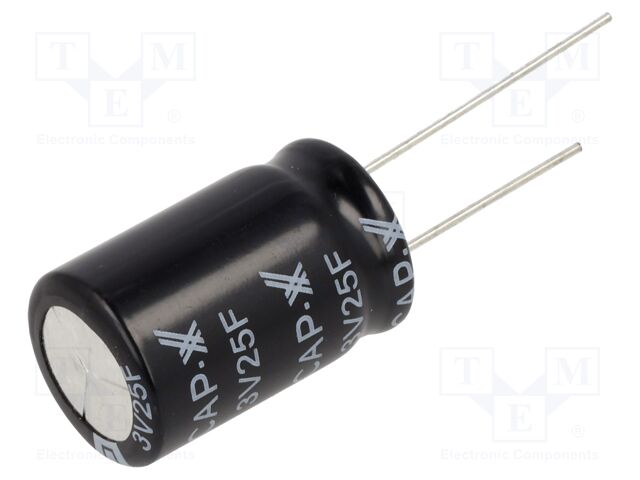 Supercapacitor; THT; 25F; 3VDC; -10÷30%; Ø16x25mm; 38mΩ; vertical