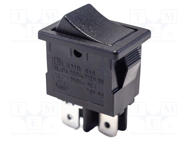ROCKER; SPST; Pos: 2; OFF-ON; 10A/250VAC; black; Rcont max: 35mΩ
