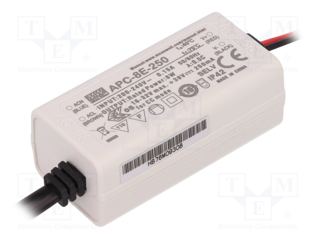 Power supply: switched-mode; LED; 8W; 16÷32VDC; 250mA; 180÷264VAC
