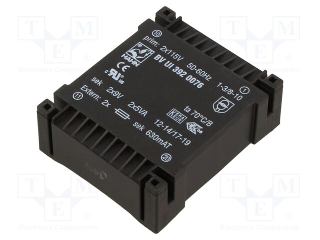 Transformer: encapsulated; 10VA; 115/115VAC; 9V; 9V; 556mA; 556mA