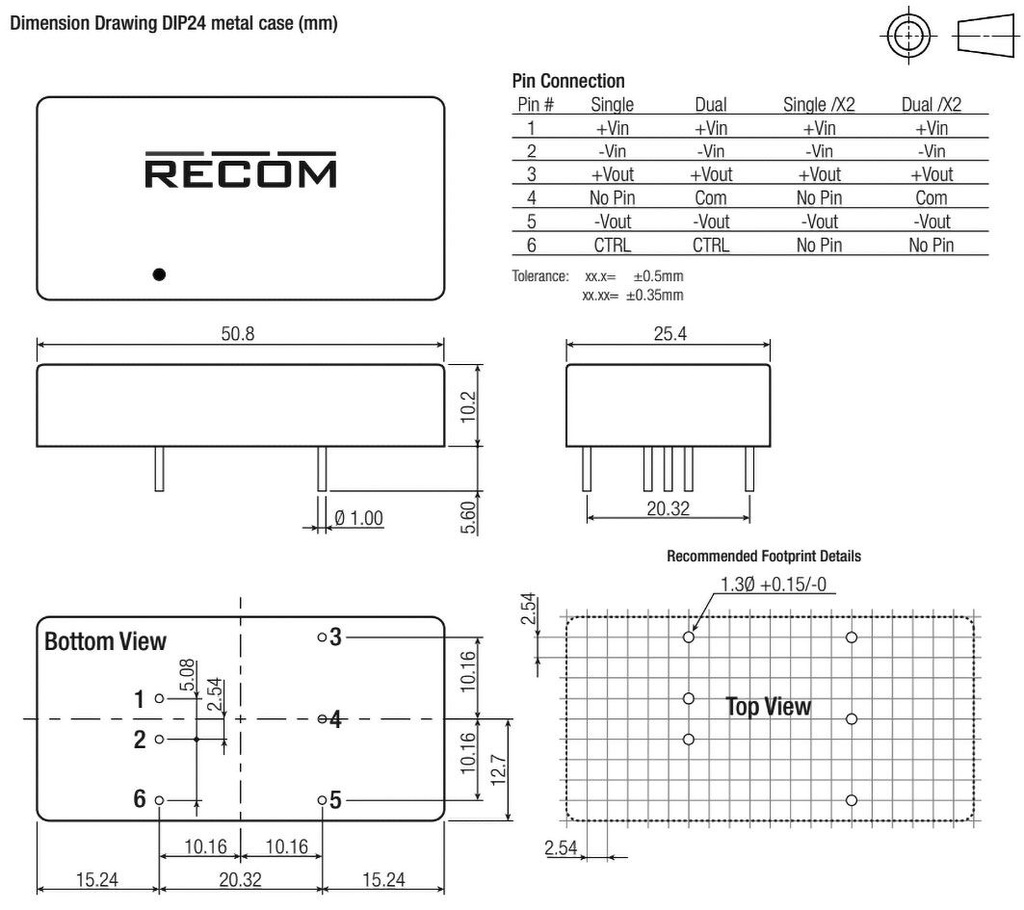Converter: DC/DC; 15W; Uin: 18÷75V; Uout: 12VDC; Uout2: -12VDC; 2"x1"