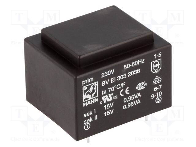 Transformer: encapsulated; 1.9VA; 230VAC; 15V; 15V; 63mA; 63mA; 81g
