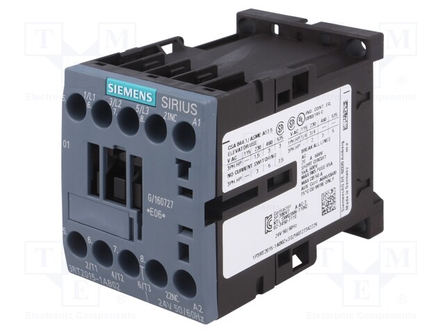 Contactor: 3-pole; NO x3; Auxiliary contacts: NC; 24VAC; 7A; 3RT20