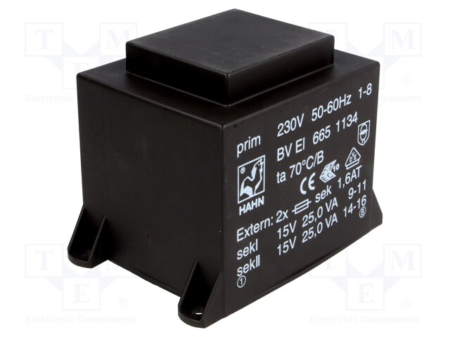 Transformer: encapsulated; 50VA; 230VAC; 15V; 15V; 1667mA; 1667mA