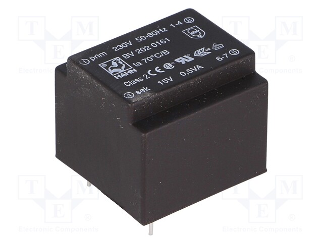 Transformer: encapsulated; 0.5VA; 230VAC; 15V; 33mA; Mounting: PCB