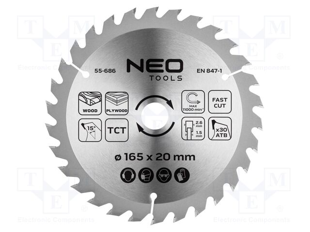 Cutting wheel; Ø: 165mm; Teeth: 30; Holder: assembly hole; 20mm
