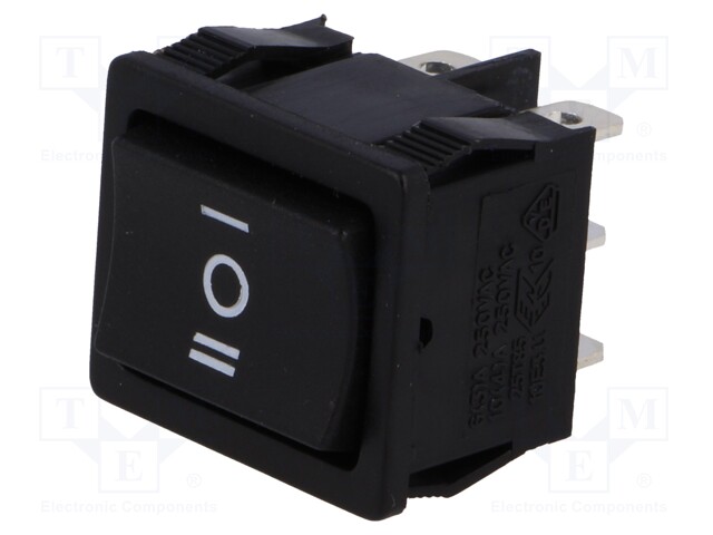 ROCKER; DP3T; Pos: 3; ON-OFF-ON; 6A/250VAC; black; none; 50mΩ