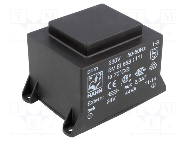 Transformer: encapsulated; 44VA; 230VAC; 24V; 1833mA; Mounting: PCB