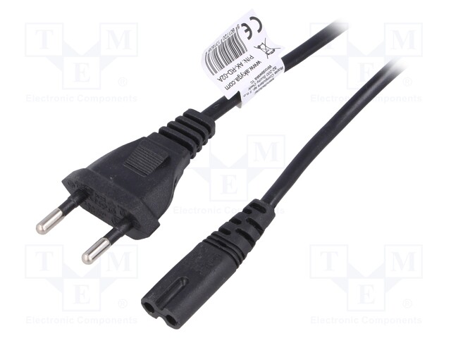 Cable; CEE 7/16 (C) plug,IEC C7 female; 3m; black; PVC; 2x0,5mm2
