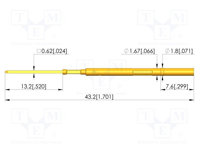 Test probe socket; gold-plated; KS-100; L: 43.2mm; test needles
