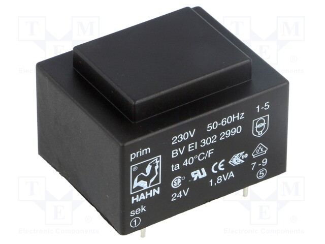 Transformer: encapsulated; 1.8VA; 230VAC; 24V; 75mA; Mounting: PCB