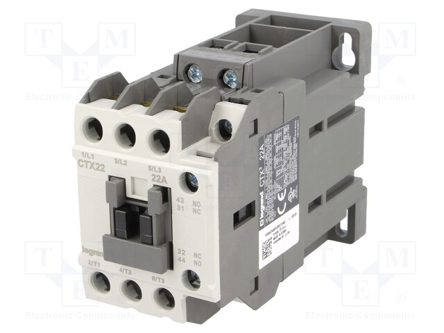 Contactor: 3-pole; NO x3; Auxiliary contacts: NO + NC; 24VDC; 22A