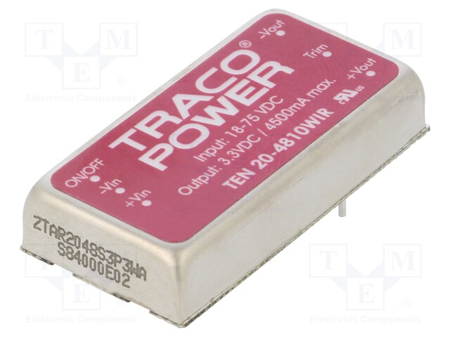 Converter: DC/DC; 20W; Uin: 18÷75V; 3.3VDC; Iout: 4500mA; 2"x1"; 30g