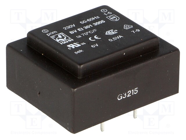 Transformer: encapsulated; 0.5VA; 230VAC; 6V; 83mA; Mounting: PCB