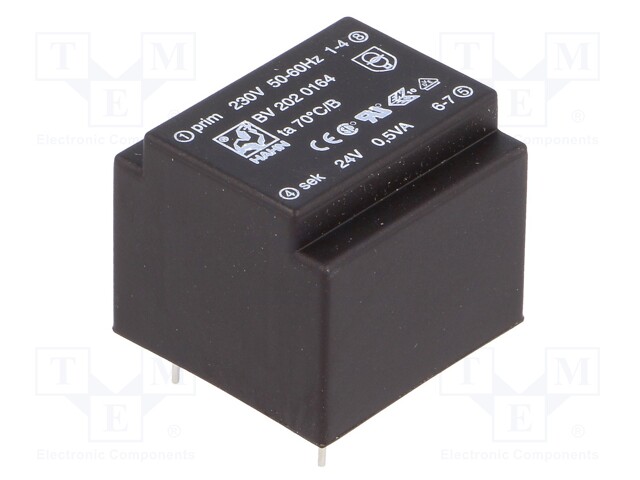 Transformer: encapsulated; 0.5VA; 230VAC; 24V; 21mA; Mounting: PCB