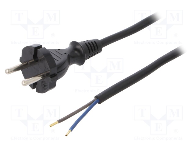 Cable; CEE 7/17 (C) plug,wires; 5m; black; rubber; 2x1,5mm2; 16A
