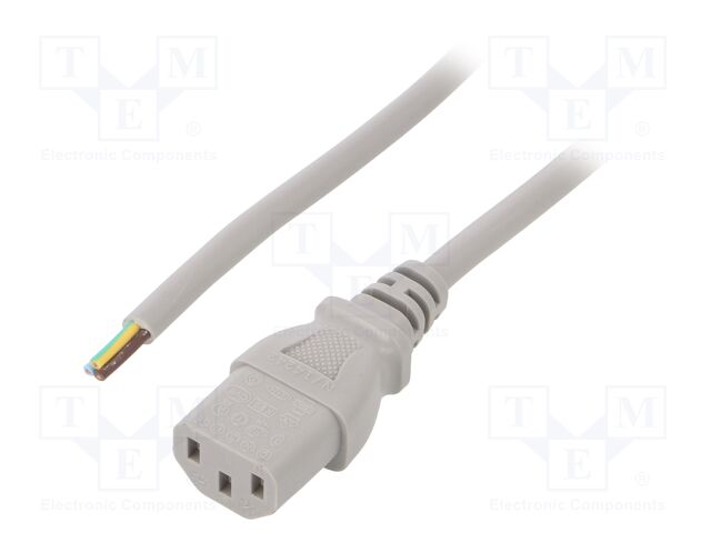 Cable; IEC C13 female,wires; 0.5m; grey; PVC; 3x0,75mm2; 10A; 250V