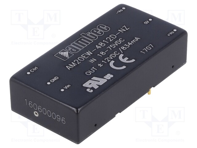 Converter: DC/DC; 20W; Uin: 18÷75V; Uout: 12VDC; Uout2: -12VDC; 2"x1"