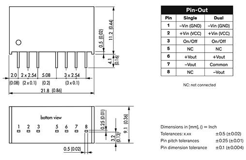 Converter: DC/DC; 2W; Uin: 4.5÷13.2V; 15VDC; Iout: 134mA; SIP8; 4.5g
