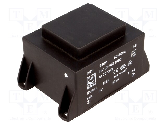Transformer: encapsulated; 33VA; 230VAC; 9V; 3667mA; Mounting: PCB