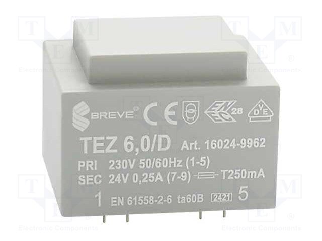 Transformer: encapsulated; 6VA; 230VAC; 24V; 250mA; Mounting: PCB