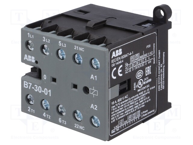Contactor: 3-pole; NO x3; Auxiliary contacts: NC; 24VAC; 7A; B7