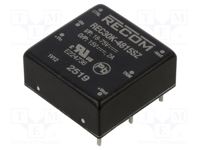 Converter: DC/DC; 30W; Uin: 36÷75V; Uout: 15VDC; Iout: 2A; 1"x1"