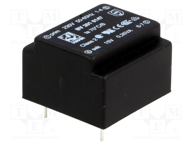 Transformer: encapsulated; 0.35VA; 230VAC; 15V; 23mA; Mounting: PCB
