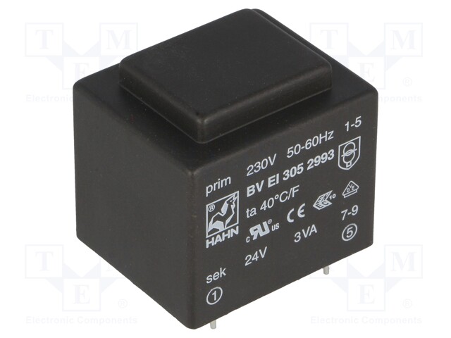 Transformer: encapsulated; 3VA; 230VAC; 24V; 125mA; Mounting: PCB