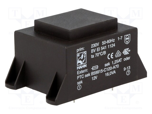 Transformer: encapsulated; 16VA; 230VAC; 12V; 1333mA; Mounting: PCB