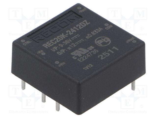 Converter: DC/DC; 20W; Uin: 9÷36V; Uout: 12VDC; Uout2: -12VDC; 1"x1"