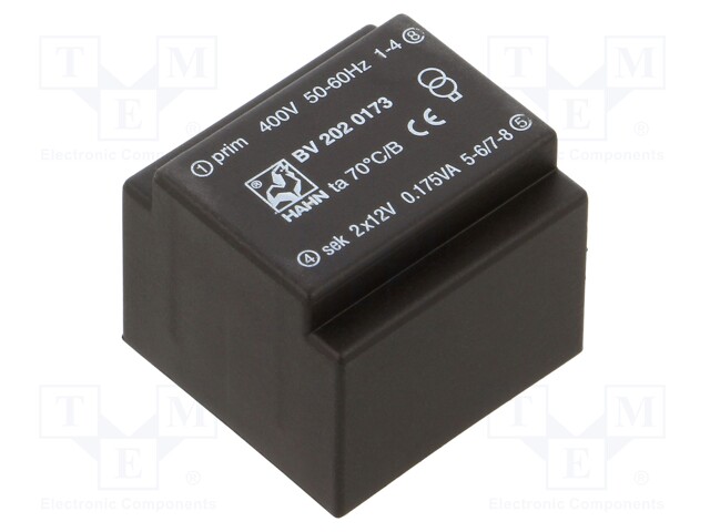 Transformer: encapsulated; 0.35VA; 400VAC; 12V; 12V; 15mA; 15mA