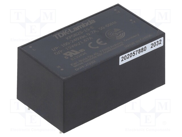 Converter: AC/DC; 25W; 90÷264VAC; Uout: 15VDC; Iout: 1.67A; 85%
