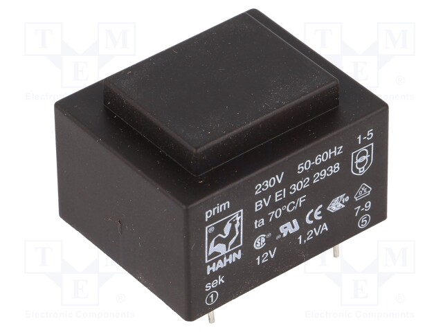 Transformer: encapsulated; 1.2VA; 230VAC; 12V; 100mA; Mounting: PCB
