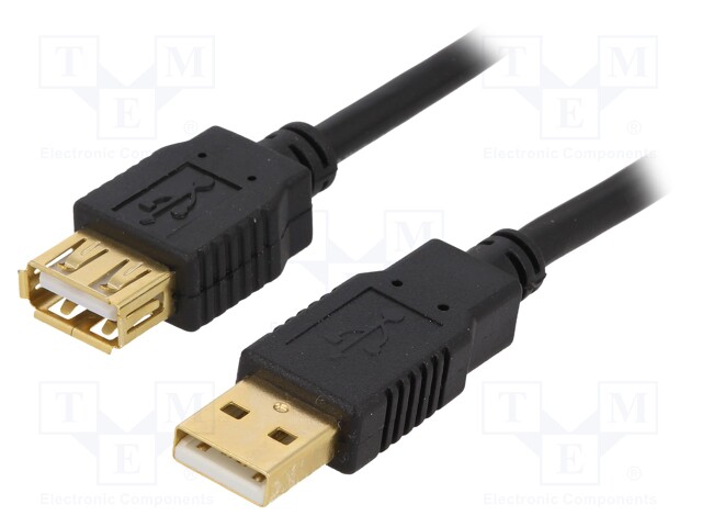 Cable; USB 2.0; USB A socket,USB A plug; gold-plated; 1.8m; black