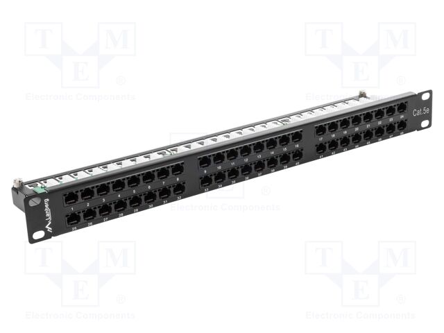 Patch panel; black; Number of ports: 48; Cat: 5e; RJ45 socket x48