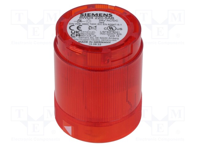 Visual Signal Indicator, Red, Continuous, 24 VDC, 24 VAC, IP54, 50 mm Dia, 67 mm Height