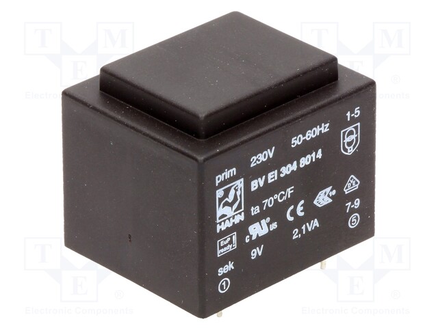 Transformer: encapsulated; 2.1VA; 230VAC; 9V; 233mA; Mounting: PCB
