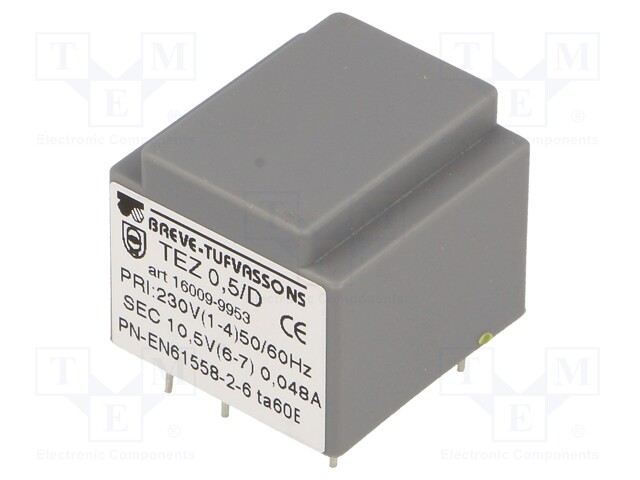Transformer: encapsulated; 0.5VA; 230VAC; 10.5V; 47.6mA; IP00; 50g