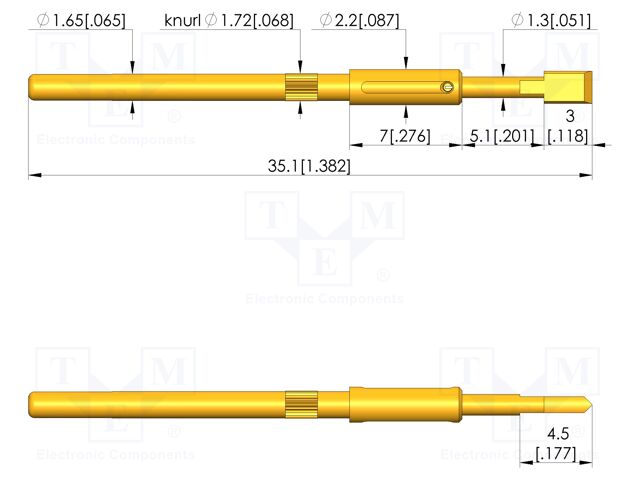 Test needle; Spring compression: 4mm; 5mm; 5A; steel; gold-plated