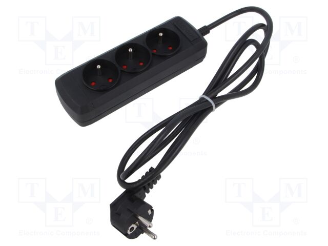 Plug socket strip: protective; Sockets: 3; 250VAC; 10A; black; 1.5m