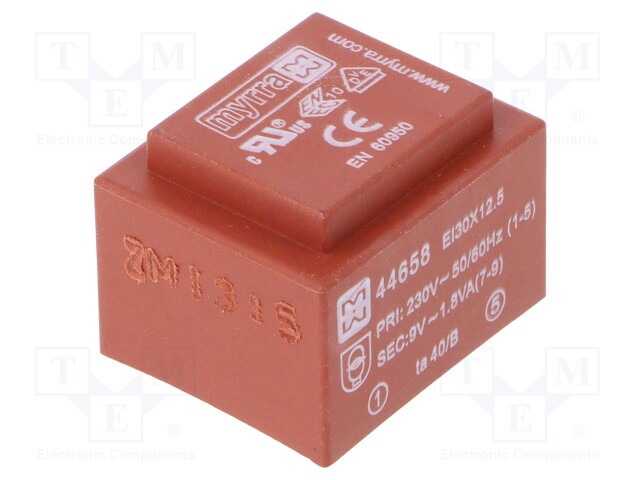 Transformer: encapsulated; 1.8VA; 230VAC; 9V; 200mA; Mounting: PCB