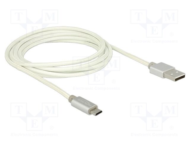 Cable; USB 2.0; USB A plug,USB B micro plug; 2m; white; textile