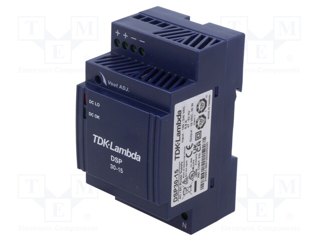 Power supply: switched-mode; for DIN rail; 30W; 15VDC; 2A; 83%