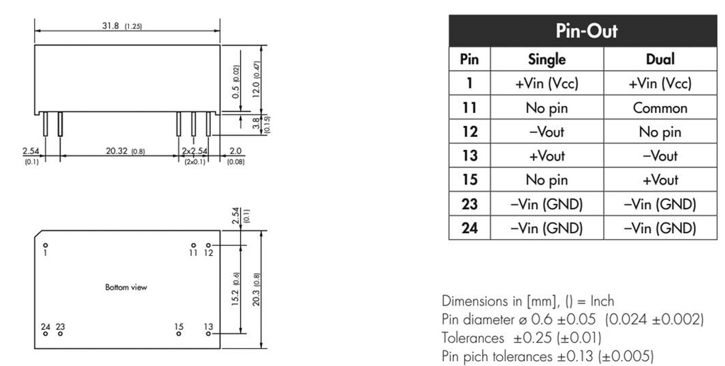 Converter: DC/DC; 6W; Uin: 18÷36V; Uout: 15VDC; Uout2: -15VDC; DIP24