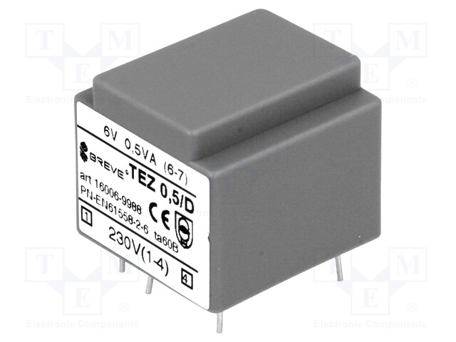 Transformer: encapsulated; 0.5VA; 230VAC; 6V; 83.3mA; Mounting: PCB