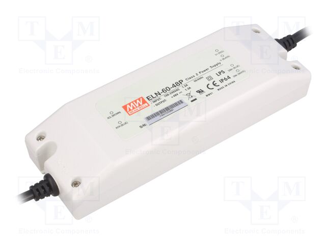 Power supply: switching; LED; 62.5W; 48VDC; 1.3A; 90÷264VAC; IP64