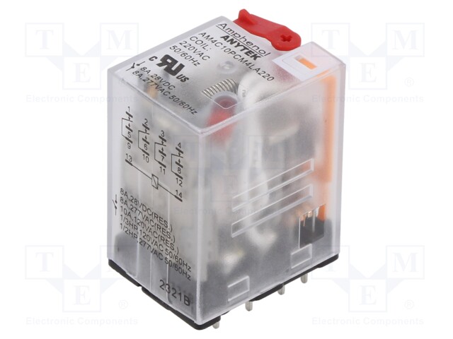 Relay: electromagnetic industrial; 4PDT; 220VAC; 10A/240VAC; PCB