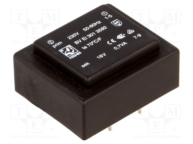 Transformer: encapsulated; 0.7VA; 230VAC; 18V; 39mA; Mounting: PCB