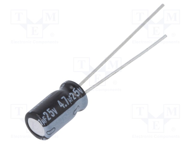 Capacitor: electrolytic; THT; 4.7uF; 25VDC; Ø5x9mm; Pitch: 2mm; ±20%